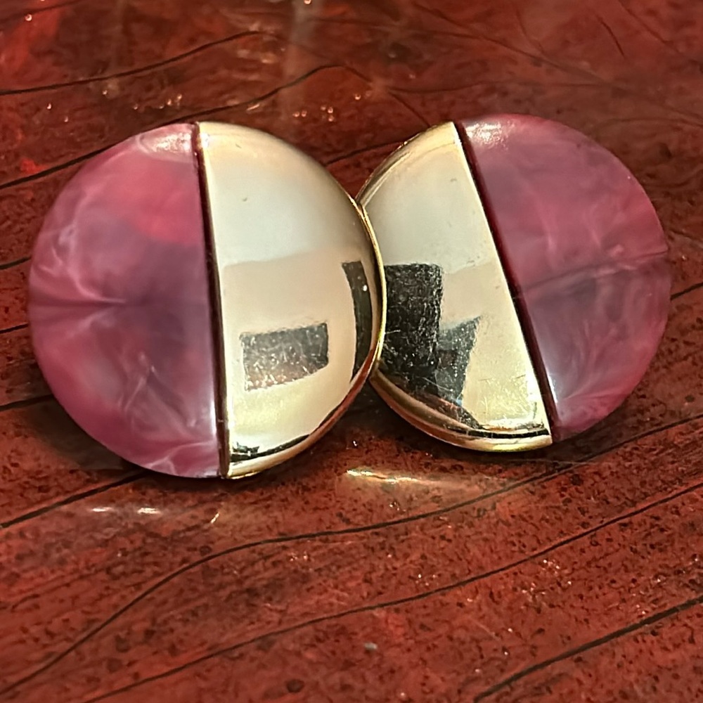 costume jewelry earrings Gold tone and plastic half moon dark pink west Germany